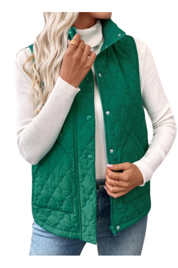 Womens Puffer Vest Full Zipper Sleeveless Quilted Jackets Lightweight Stand Collar Button Fall Spring Coat Outerwear
