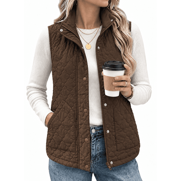 SHEWIN Womens Puffer Vest Lightweight Stand Collar Coat Sleeveless Quilted Jackets Button Fall Spring Zip Up Outerwear