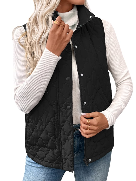 Plus Size Puffer Vest for Women Sleeveless Quilted Jackets Lightweight Stand Collar Button Fall Spring Zip Up Coat Outerwear