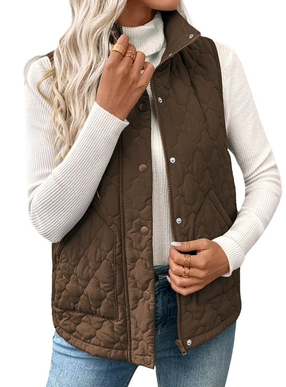 Womens Puffer Vest Lightweight Stand Collar Coat Sleeveless Quilted Jackets Button Fall Spring Zip Up Outerwear