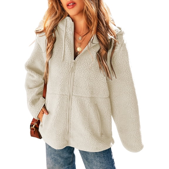 SHEWIN Womens Sherpa Jackets Fuzzy Hooded Zip Up Coats Casual Solid Long Sleeve Fleece Shacket Jacket Outerwear with Pockets