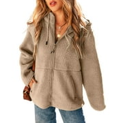 SHEWIN Womens Sherpa Jackets Fuzzy Hooded Zip Up Coats Casual Solid Long Sleeve Fleece Shacket Jacket Outerwear with Pockets