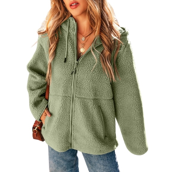 SHEWIN Womens Sherpa Jackets Fuzzy Hooded Zip Up Coats Casual Solid Long Sleeve Fleece Shacket Jacket Outerwear with Pockets