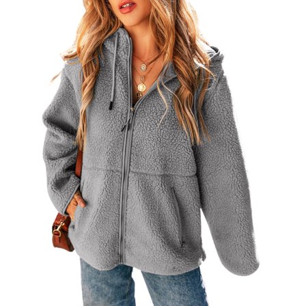 SHEWIN Womens Sherpa Jackets Fuzzy Hooded Zip Up Coats Casual Solid Long Sleeve Fleece Shacket Jacket Outerwear with Pockets