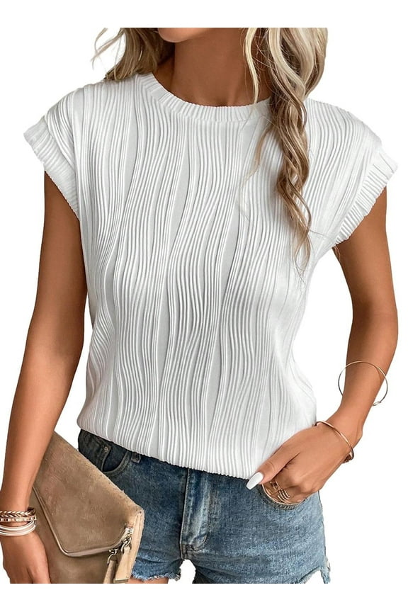 Womens Shirts Short Sleeve Crewneck Tops Textured Knitted Classic Basic T Shirts Lightweight Solid Color Women Blouse White