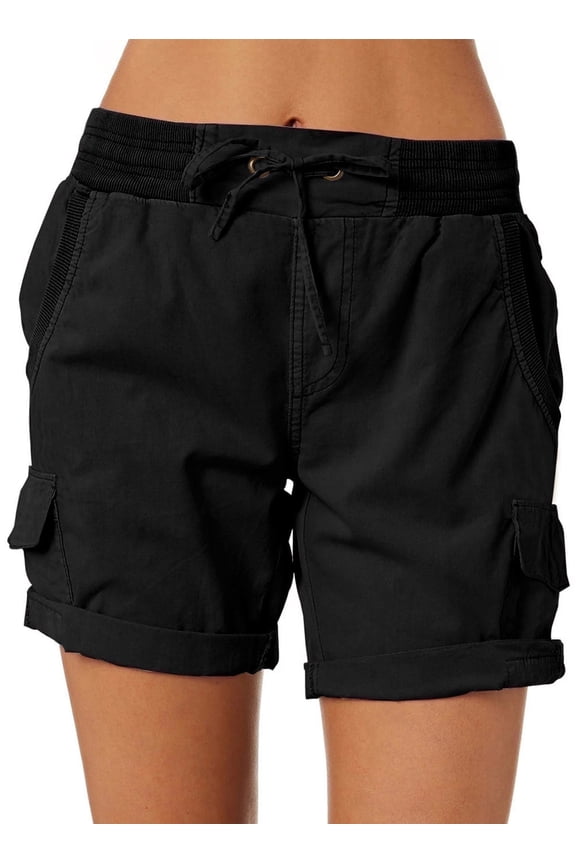 Womens Shorts Relaxed Fit High Waist Pocketed Hiking Outdoor Cargo Shorts Casual Elastic Drawstring Summer Athletic Short Pants Black