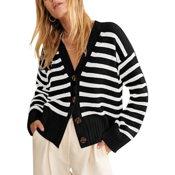 SHEWIN Womens Striped Cardigan Sweaters Button Down Long Sleeve V Neck Lightweight Open Front Knit Fall Cardigans Black Stripe