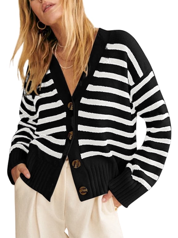 Womens Striped Cardigan Sweaters Button Down Long Sleeve V Neck Lightweight Open Front Knit Fall Cardigans Black Stripe
