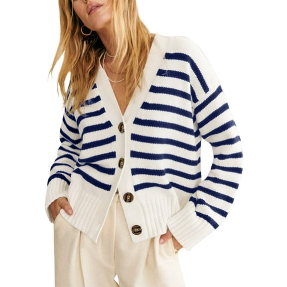 SHEWIN Womens Striped Cardigan Sweaters Button Down Long Sleeve V Neck Lightweight Open Front Knit Fall Cardigans Blue Stripe