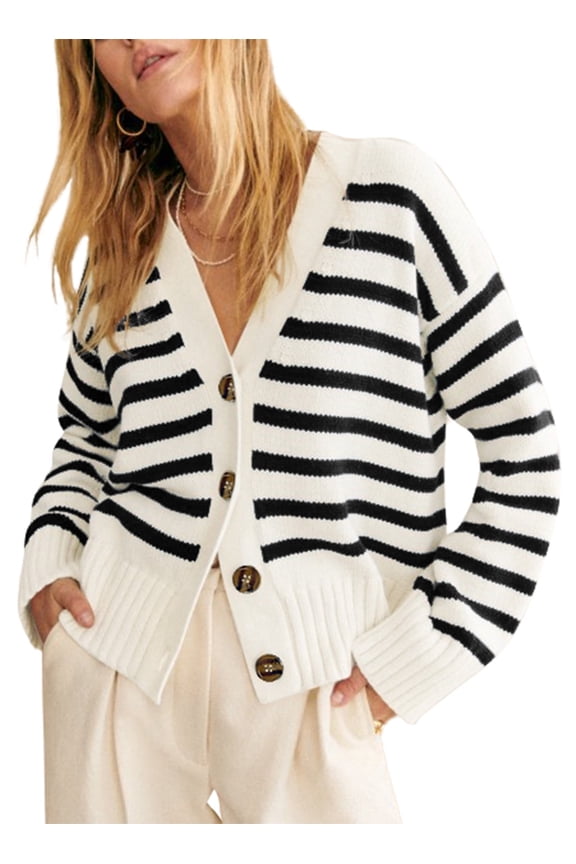 Womens Striped Cardigan Sweaters Button Down Long Sleeve V Neck Lightweight Open Front Knit Fall Cardigans White Stripe