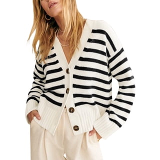 SHEWIN Womens Striped Cardigan Sweaters Button Down Long Sleeve V Neck Lightweight Open Front Knit Fall Cardigans White Stripe