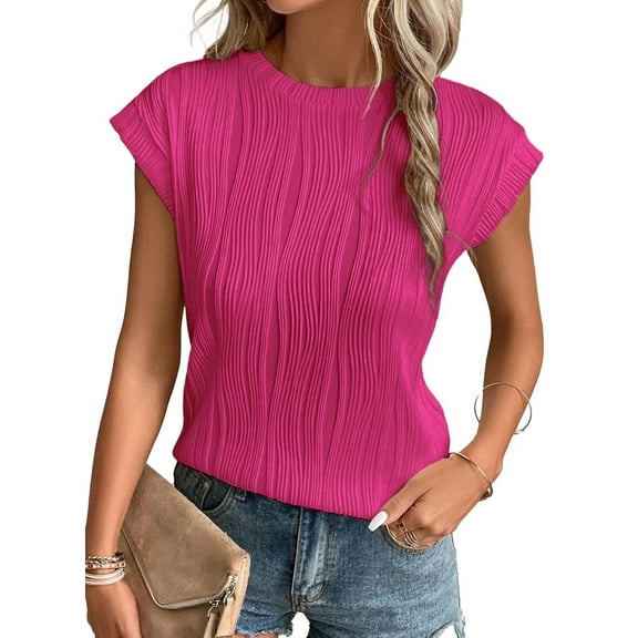 SHEWIN Womens Summer Tops Cap Sleeve Crewneck Textured Knit T Shirts Casual Loose Solid Basic T-Shirts Tee Blouses Pink