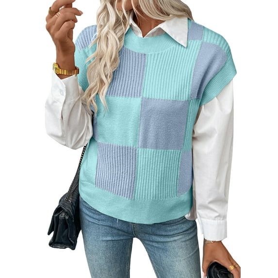 SHEWIN Womens Sweater Vest Short Sleeve Sweater for Women Crewneck Color Block Knit Tops 2025 Fall Trendy Cap Sleeve Sweater Vest Blue M