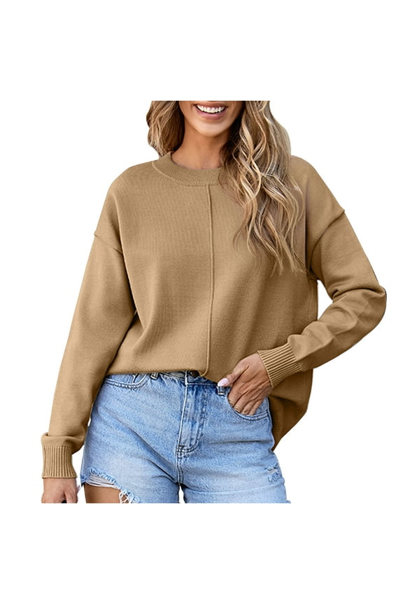 Women's Sweater Long Sleeeve Pullover Sweater Soft Lightweight Knit Tops 2025 Khaki L
