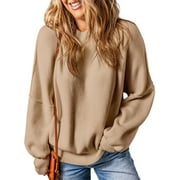 SHEWIN Womens Sweaters Crewneck Batwing Long Sleeve Side Slit Fall Oversized Ribbed Knit Pullover Jumper Tops Apricot