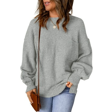 SHEWIN Womens Sweaters Crewneck Long Puffy Sleeve Pocketed Pullover Sweater Casual Fall Loose Knit Oversized Jumper Tops