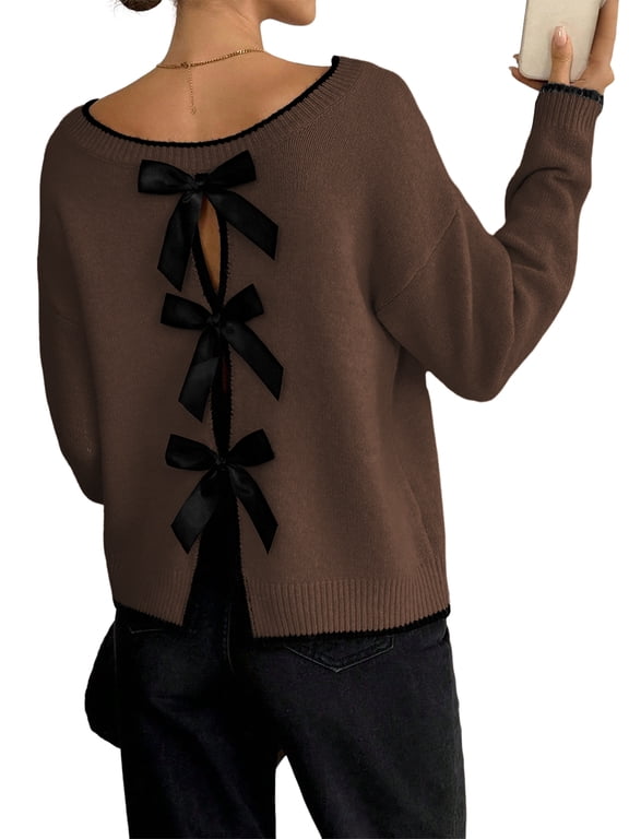 Womens Sweaters Dressy Casual Back Bow Knot Sweater Trendy Cute Crewneck Long Sleeve Fall Winter Knit Pullover Tops