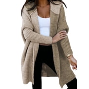 SHEWIN Womens Sweaters Hooded Cardigan Color Block Sweaters Casual Fall Winter Outerwear Coat Sweater Jacket Brown