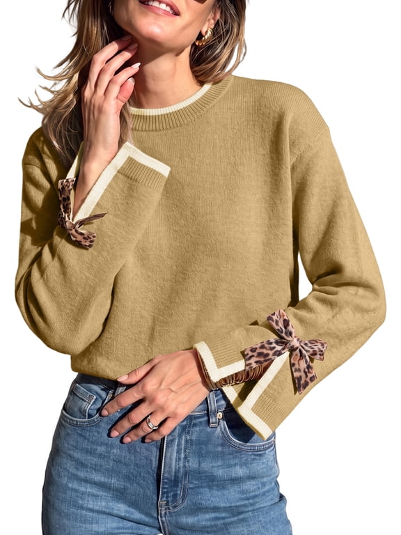 Womens Sweaters Leopard Bow Split Cuffs Long Sleeve Fall Winter Sweater Casual Loose Contrast Trim Crew Neck Knit Pullover Tops