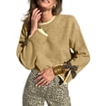thumbnail image 1 of SHEWIN Womens Sweaters Leopard Bow Split Cuffs Long Sleeve Fall Winter Sweater Casual Loose Contrast Trim Crew Neck Knit Pullover Tops, 1 of 11