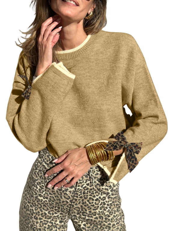 Womens Sweaters Leopard Bow Split Cuffs Long Sleeve Fall Winter Sweater Casual Loose Contrast Trim Crew Neck Knit Pullover Tops