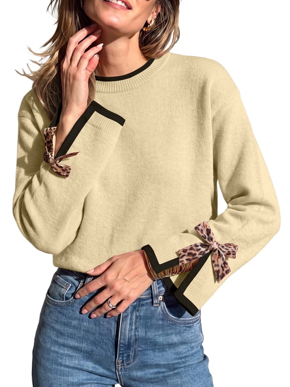 Womens Sweaters Leopard Bow Split Cuffs Long Sleeve Fall Winter Sweater Casual Loose Contrast Trim Crew Neck Knit Pullover Tops