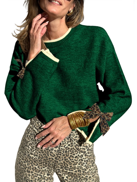 Womens Sweaters Leopard Bow Split Cuffs Long Sleeve Fall Winter Sweater Casual Loose Contrast Trim Crew Neck Knit Pullover Tops