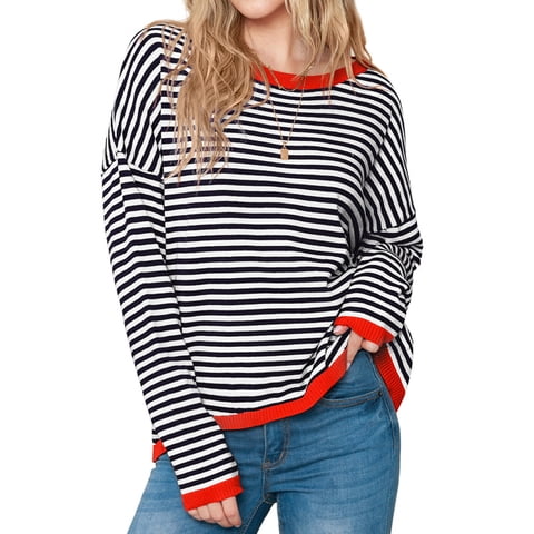 Womens Cotton Sweater Stripe Thin Knit Pullover Tops Lightweight Long Sleeve Shirts Black L