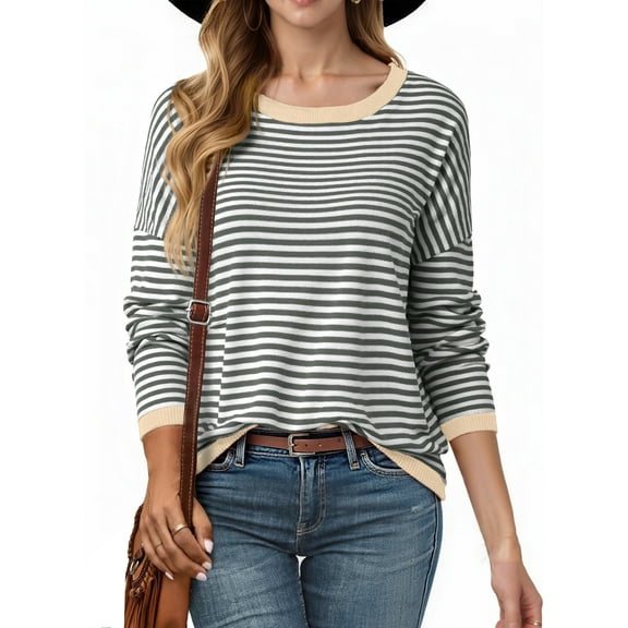SHEWIN Women Sweater Stripe Knit Pullover Tops Holiday Jumper Crewneck Sweaters Long Sleeve Casual Knitted Fall Tops