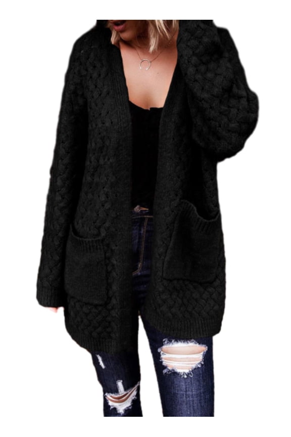 Womens Sweaters Open Front Cardigans Oversized Long Sleeve Chunky Cable Knit Fall Winter Outwear Coat with Pockets Black