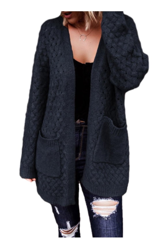 Womens Sweaters Open Front Cardigans Oversized Long Sleeve Chunky Cable Knit Fall Winter Outwear Coat with Pockets Blue