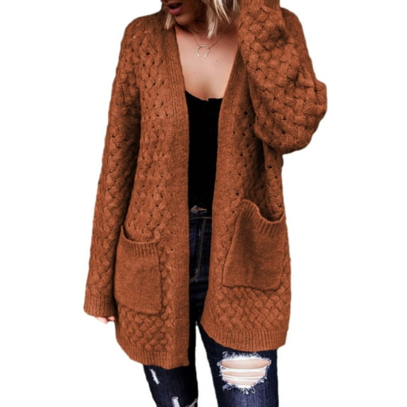 SHEWIN Womens Sweaters Open Front Cardigans Oversized Long Sleeve Chunky Cable Knit Fall Winter Outwear Coat with Pockets Brown