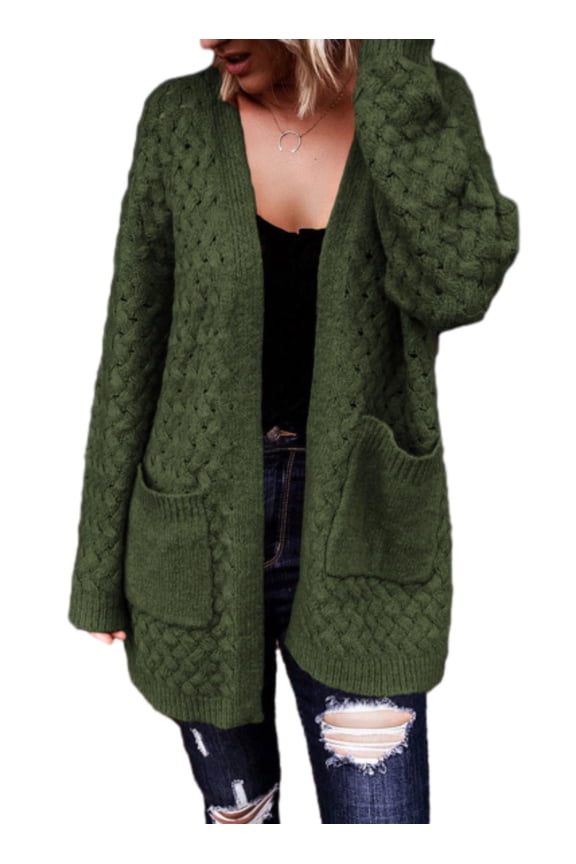 Womens Sweaters Open Front Cardigans Oversized Sweaters Long Sleeve Chunky Cable Knit Fall Outwear Coat with Pockets Green XL