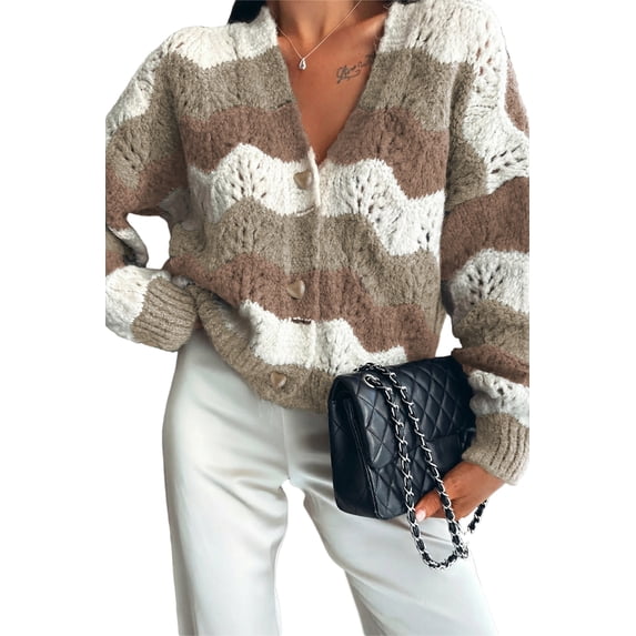 SHEWIN Womens Sweaters Striped Color Block Chunky Cardigans Button Down Long Sleeve V Neck Loose Knit Fall Sweater Coats Fashion