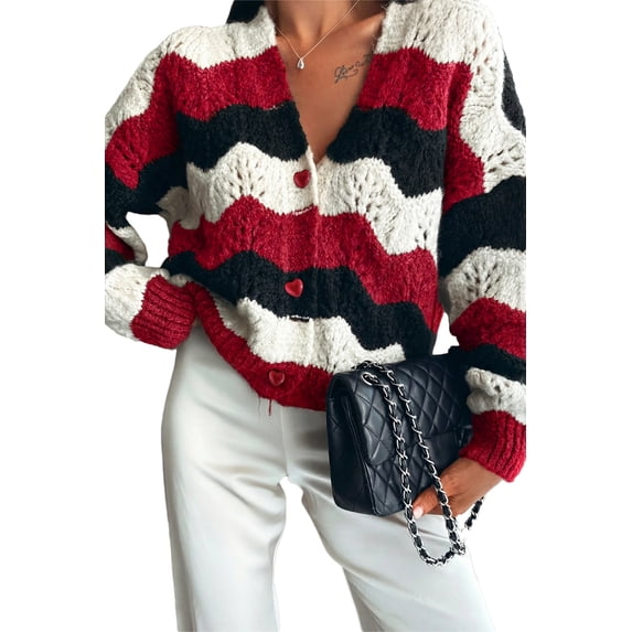SHEWIN Womens Sweaters Striped Color Block Chunky Cardigans Button Down Long Sleeve V Neck Loose Knit Fall Sweater Coats Fashion