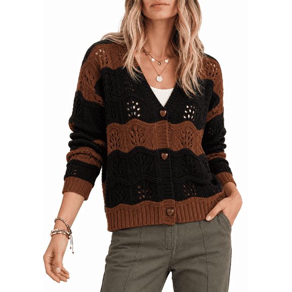 SHEWIN Womens Sweaters Striped Color Block Chunky Cardigans Button Down Long Sleeve V Neck Loose Knit Fall Sweater Coats Fashion