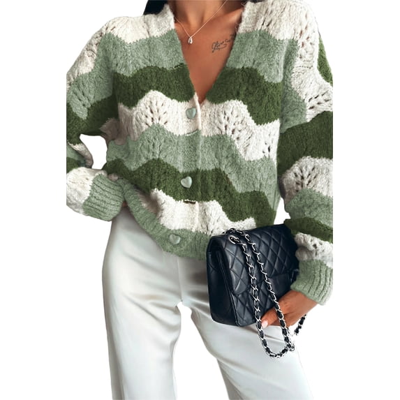 SHEWIN Womens Sweaters Striped Color Block Chunky Cardigans Button Down Long Sleeve V Neck Loose Knit Fall Sweater Coats Fashion