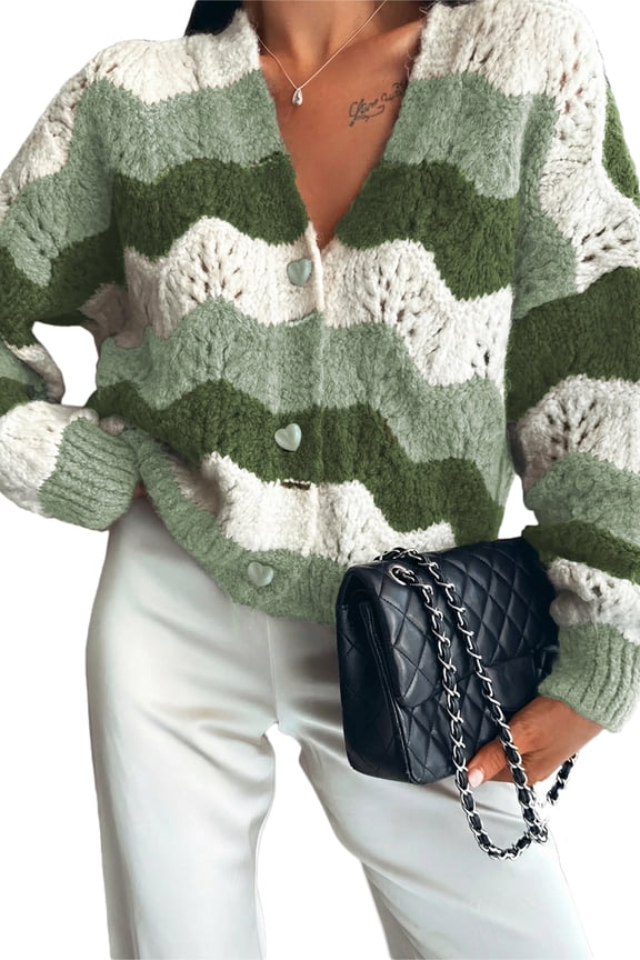 Womens Sweaters Striped Color Block Chunky Cardigans Button Down Long Sleeve V Neck Loose Knit Fall Sweater Coats Fashion