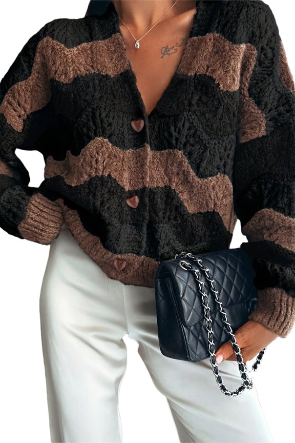 Womens Sweaters Striped Color Block Chunky Cardigans Button Down Long Sleeve V Neck Loose Knit Fall Sweater Coats Fashion