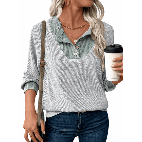 SHEWIN Womens Sweatshirt Ribbed Texture Button Up V Neck Sweatshirts Long Sleeve Patchwork Shirts Casual Fall Pullover Tops