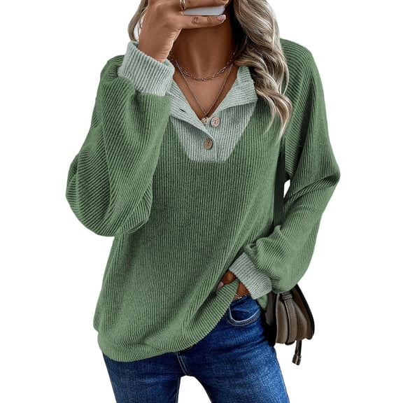 SHEWIN Womens Sweatshirt Ribbed Texture Button Up V Neck Sweatshirts Long Sleeve Patchwork Shirts Casual Fall Pullover Tops