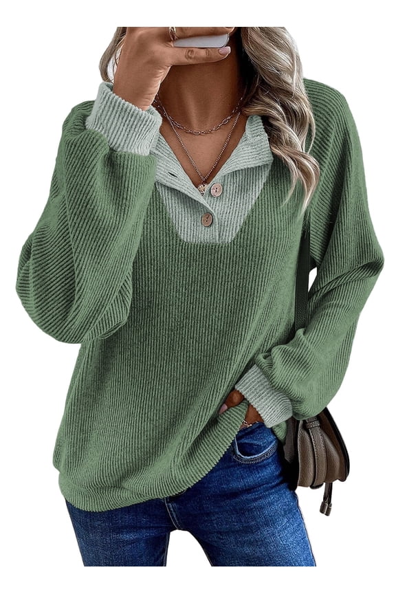 Womens Sweatshirt Ribbed Texture Button Up V Neck Sweatshirts Long Sleeve Patchwork Shirts Casual Fall Pullover Tops