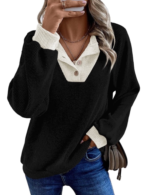 Womens Sweatshirt Ribbed Texture Button Up V Neck Sweatshirts Long Sleeve Patchwork Shirts Casual Fall Pullover Tops