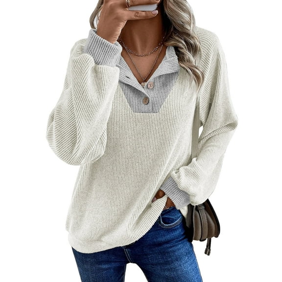 SHEWIN Womens Sweatshirt Ribbed Texture Button Up V Neck Sweatshirts Long Sleeve Patchwork Shirts Casual Fall Pullover Tops