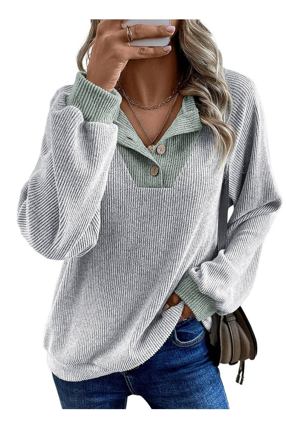 Womens Sweatshirt Ribbed Texture Button Up V Neck Sweatshirts Long Sleeve Patchwork Shirts Casual Fall Pullover Tops