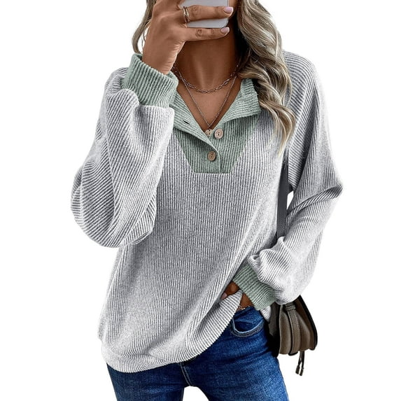 SHEWIN Womens Sweatshirt Ribbed Texture Button Up V Neck Sweatshirts Long Sleeve Patchwork Shirts Casual Fall Pullover Tops