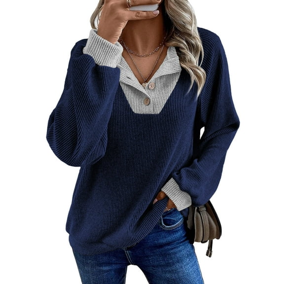 SHEWIN Womens Sweatshirt Ribbed Texture Button Up V Neck Sweatshirts Long Sleeve Patchwork Shirts Casual Fall Pullover Tops