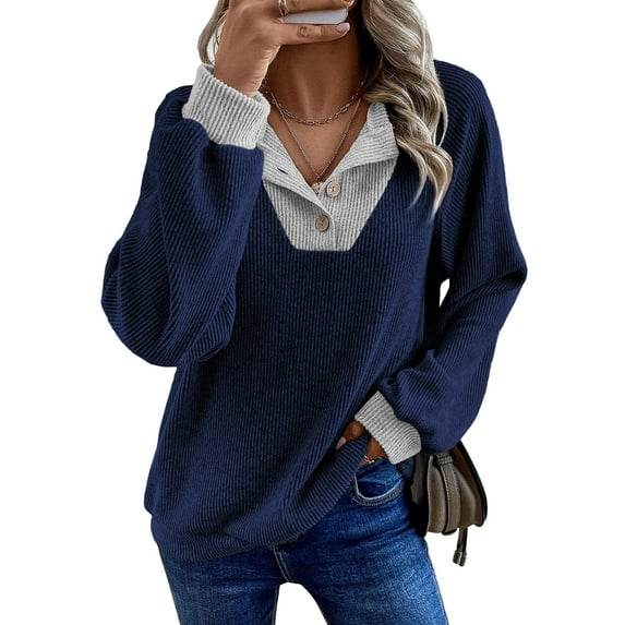 SHEWIN Womens Sweatshirt Ribbed Texture Button Up V Neck Sweatshirts Long Sleeve Patchwork Shirts Casual Fall Pullover Tops