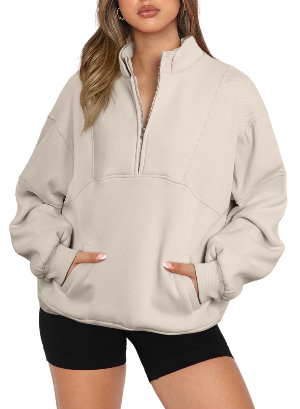 SHEWIN Womens Sweatshirts Oversized Half Zip Cropped Pullover Long Sleeve Fleece Trendy Workout Warm Tops with Pockets S-2XL