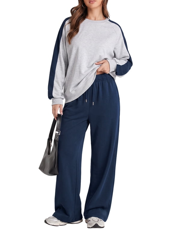 Womens Sweatsuits Fall Outfits Two Piece Matching Sets Tracksuit Clothing Workout Baggy Sweatpants Navy L